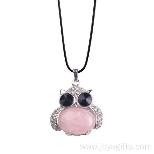 Sincere Silver Jewelry Rose Quartz Stone Owl Alloy Pendant Necklace for Women Accessories